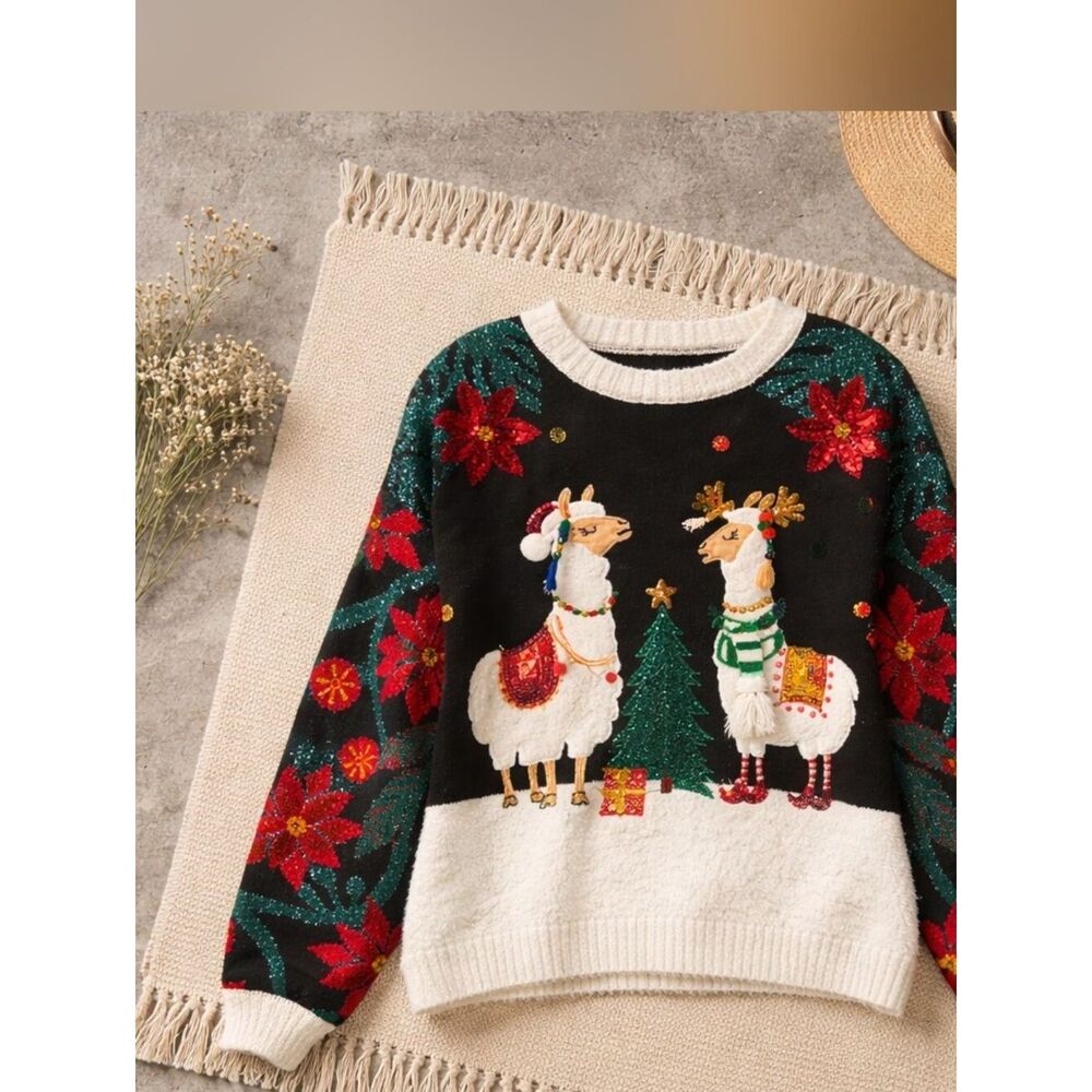 Holiday Time Black & White Llama Sequin Christmas Sweater